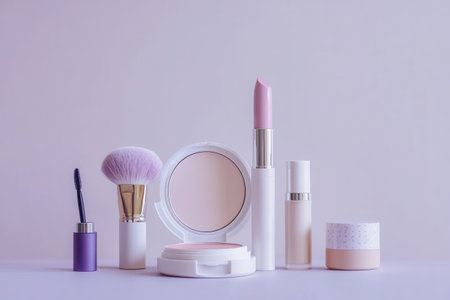 A carefully arranged collection of cosmetic products sits elegantly on a light background, featuring lipstick, brushes, and powder.の素材