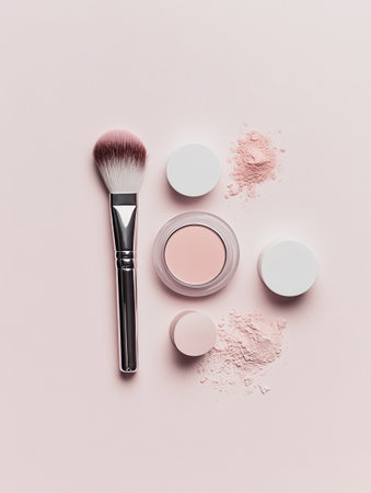 A neat arrangement of pink cosmetic products, featuring a powder, brushes, and lipstick on a soft, light background to inspire beauty routines.の素材