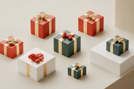 Colorful gift boxes are arranged in geometric shapes, adorned with bright ribbons and bows, perfect for minimalist holiday decor.の素材