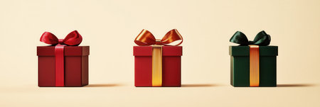 Three minimalist Christmas gift boxes in geometric shapes feature bright ribbons, adding festive flair for holiday celebrations.の素材
