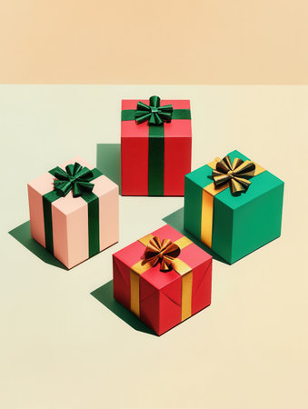 These minimalist Christmas gift boxes are beautifully wrapped with vibrant ribbons and bows, creating a festive geometric arrangement.の素材