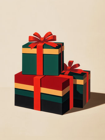 These beautifully wrapped Christmas gifts showcase vibrant ribbons and geometric shapes, adding a festive touch to any decor.の素材