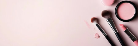 A minimalist arrangement highlights lipstick, makeup brushes, and powder on a soft light background, showcasing beauty essentials.の素材