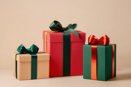 Elegant geometric-shaped gift boxes in warm colors, decorated with bright ribbons for a minimalist Christmas celebration.の素材