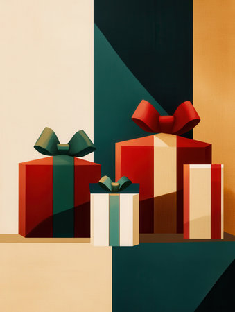 Brightly wrapped Christmas gift boxes in geometric shapes are arranged with vibrant ribbons, adding a festive touch to holiday decor.の素材