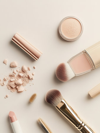 A clean and simple layout showcases essential cosmetic items like lipstick, powder, and brushes on a soft light background.の素材
