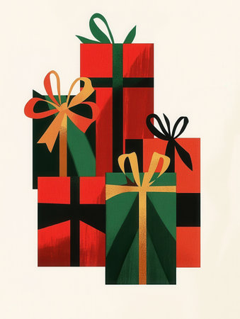 Brightly wrapped Christmas gift boxes in geometric shapes feature colorful ribbons and bows, perfect for holiday gifting and decorations.の素材