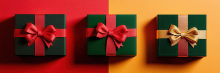 Three minimalist gift boxes with vibrant ribbons and bows sit against a bold red and yellow backdrop, perfect for Christmas celebrations.の素材