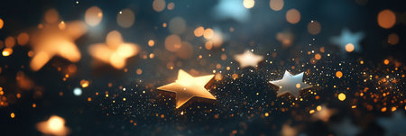 Delicate stars of various sizes shimmer in gold and white, creating a serene atmosphere against a deep blue background.の素材