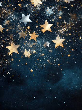 Stars of various sizes shimmer in gold and silver, set against a dark night sky, creating a captivating minimalist design.の素材