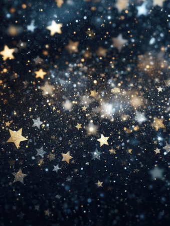 Golden stars of different sizes shimmer against a dark background, creating a captivating minimalist abstract design.の素材