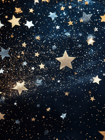 A captivating arrangement of minimalist gold stars glimmers against a dark background, creating an enchanting night sky effect.の素材