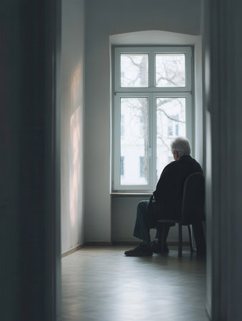 An elderly person sits in silence by the window of a nursing home, surrounded by emptiness and memories of isolation.の素材