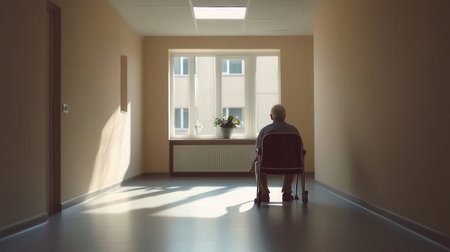 An elderly individual sits quietly in a wheelchair, gazing out a window, surrounded by the emptiness of a nursing home hallway.の素材