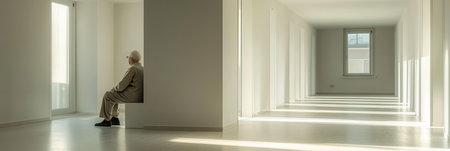 A solitary elderly resident sits silently in a bright, empty room, surrounded by the stillness of isolation.の素材