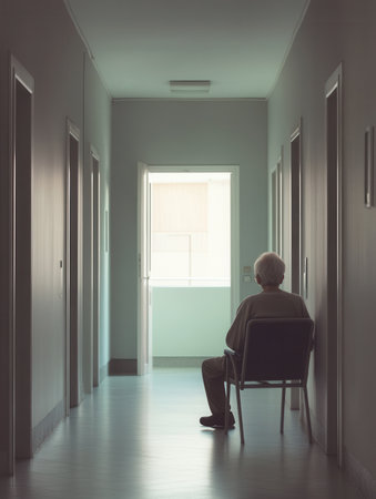 An older individual sits in a chair, waiting quietly in a nursing home corridor, surrounded by empty rooms and stillness.の素材