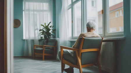 An elderly individual sits quietly in a nursing home, surrounded by empty chairs and soft natural light, evoking feelings of solitude.の素材