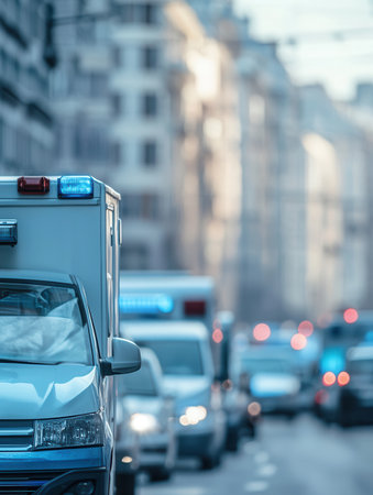 Medical personnel navigate overcrowded hospitals as ambulances line up outside, highlighting the urgent response to a health emergency.の素材