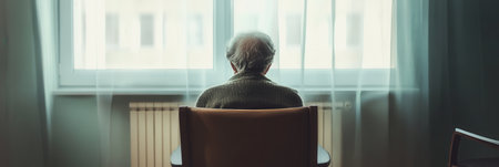An elderly individual gazes out the window, experiencing solitude in a sparsely furnished nursing home room.の素材