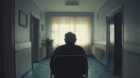 An elderly man sits quietly in a wheelchair, staring into an empty nursing home hallway that emphasizes feelings of isolation.の素材