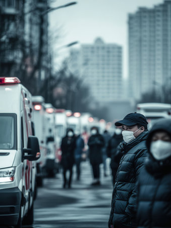 Medical professionals and responders in gather masks outside crowded hospitals as ambulances line the streets in a health emergency.の素材
