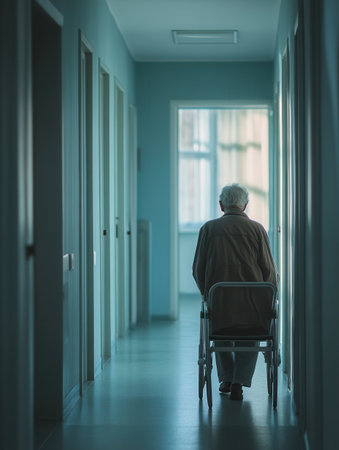 An elderly individual with a walker slowly makes their way down a deserted hallway, highlighting themes of solitude and isolation.の素材