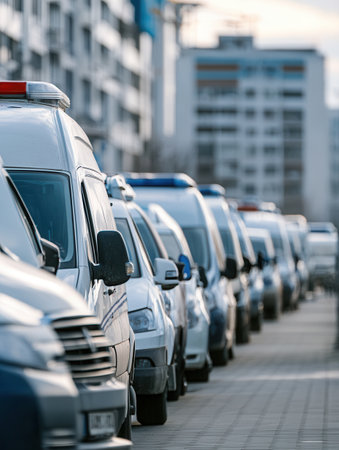 Long line of ambulances outside hospitals, highlighting the urgent need for medical services during a health emergency.の素材
