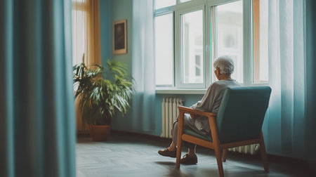 An elderly individual sits quietly in a nursing home, surrounded by empty space and soft afternoon light, embodying feelings of isolation.の素材