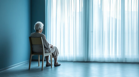 An elderly person sits quietly on a chair in a sparse room, gazing out at the sunlight filtering through sheer curtains, embodied isolation.の素材
