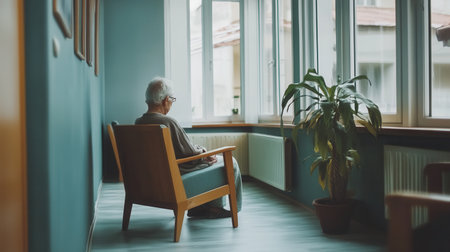An elderly individual sits silently in a nursing home, gazing out of large windows in an atmosphere of solitude and contemplation.の素材