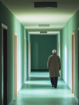 An elderly man, dressed warmly, walks down a dimly lit hallway, reflecting the feelings of loneliness and isolation within a nursing home.の素材