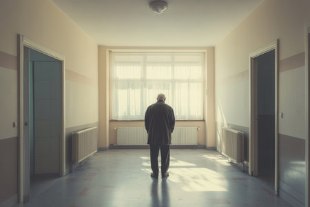 An elderly individual stands isolated in a vacant nursing home hallway, surrounded by empty rooms and soft daylight.の素材