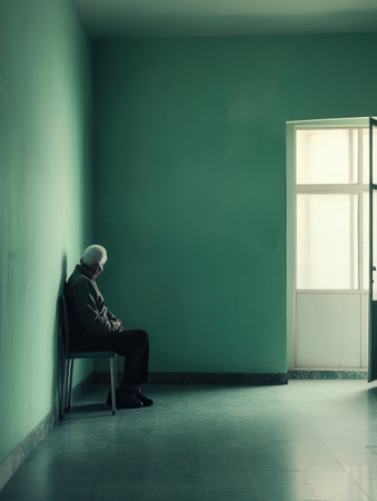 An elderly man silently sits on a chair against a green wall, lost in thought in a desolate nursing home room.の素材
