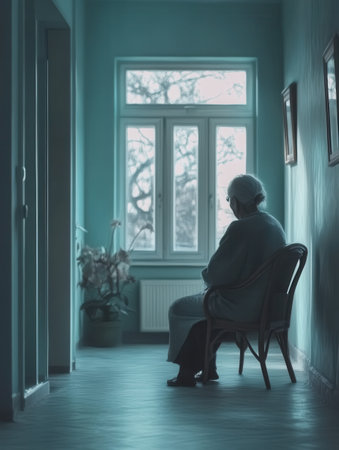 An elderly individual sits quietly in an empty hallway of a nursing home, evoking feelings of solitude and reflection during the afternoon.の素材