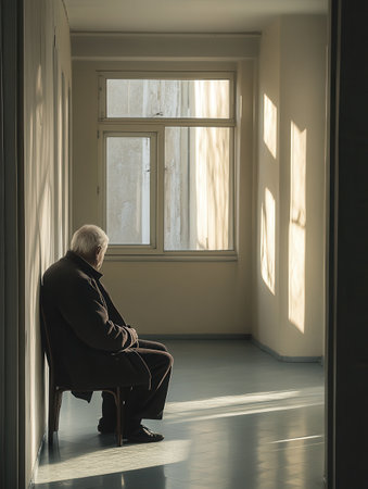 An elderly man sits quietly in a sparse room, surrounded by the gentle light of late afternoon, embodied loneliness and solitude.の素材