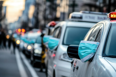 Lines of ambulances queue outside hospitals as medical professionals work tirelessly to manage disease outbreaks in urban areas.の素材
