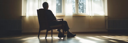 An elderly individual sits in solitude, looking out of a window in a vacant room, reflecting feelings of isolation and quiet contemplation.の素材