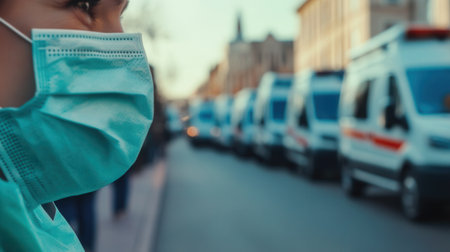 Medical staff in masks observe long lines of ambulances waiting outside busy hospitals amid efforts to combat a serious health crisis.の素材