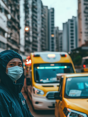 Healthcare personnel in medical masks assist patients as ambulances line city streets, highlighting the strain on hospital resources.の素材