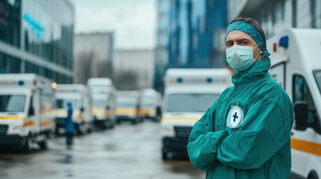 A healthcare professional in protective gear stands among numerous ambulances, illustrating the urgency of disease management efforts.の素材