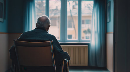 An elderly individual in a wheelchair sits silently, looking out a window into an empty courtyard, embodying the feeling of loneliness.の素材