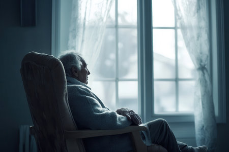 An elderly individual sits in a dimly lit room, gazing out the window, embodying the profound sense of loneliness and isolation.の素材