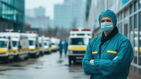 Crowded hospitals are filled with ambulances while medical personnel in protective gear work to combat disease and aid patients.の素材