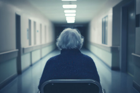 An elderly woman sits in her wheelchair, isolated in a long, empty corridor of a nursing home, reflecting solitude and loneliness.の素材