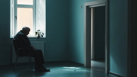 An elderly man sits quietly in a bare room, surrounded by shadows and solitude, contemplating his isolation in the nursing home.の素材
