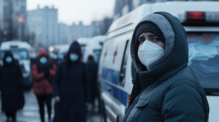 Medical workers are seen responding to an overcrowded hospital filled with ambulances as they tackle a health crisis in 2023.の素材