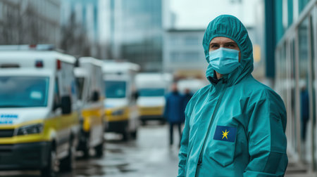 Healthcare professionals in medical masks navigate a busy hospital area with numerous ambulances in response to a health emergency.の素材