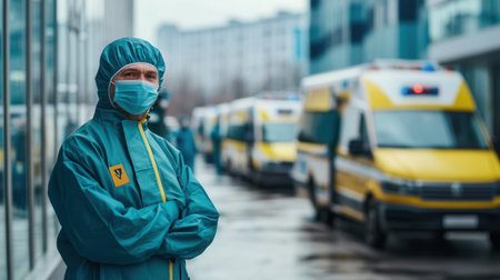 Medical professionals wearing masks and gowns stand near numerous ambulances as they manage an influx of patients during a crisis.の素材