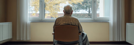 An elderly individual sits quietly in a chair, looking out at the world beyond the window, surrounded by stillness.の素材