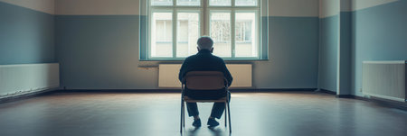 An elderly individual is seated in an empty room, gazing out a large window, evoking feelings of solitude and abandonment.の素材
